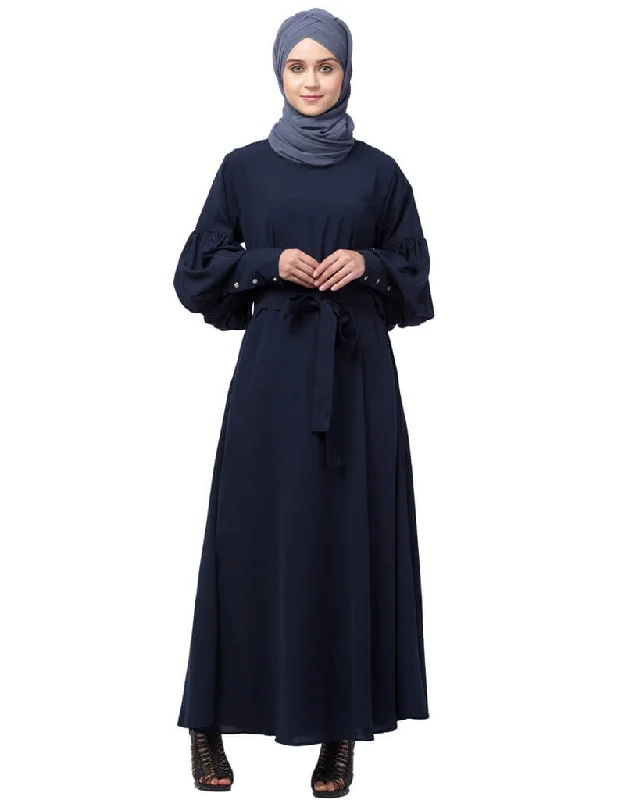 Dubai Long cuff full balloon sleeve with belt A line Abaya Navy Blue