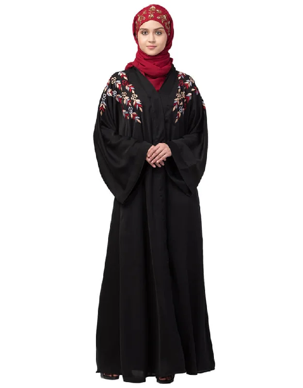 Modern Resham embroidery front open Dubai abaya Black